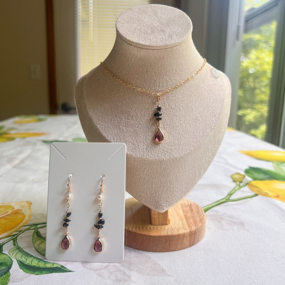 Jewelry Set Black Onyx Obsidian Garnet Pearl Boho Bohemian Minimalist Casual